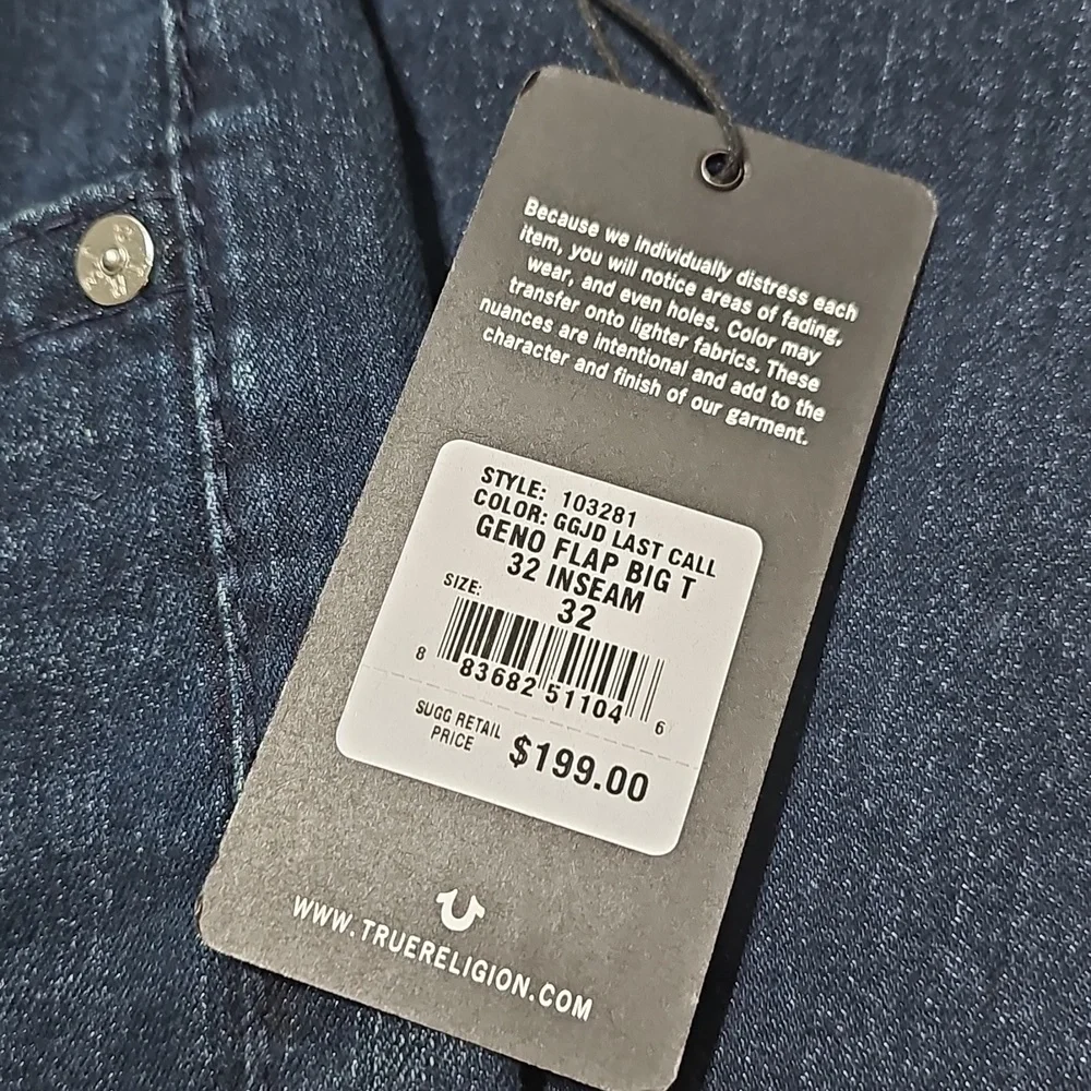 True Religion Big T Geno Flap Indigo Denim Relaxed Slim Jeans Size 32 New